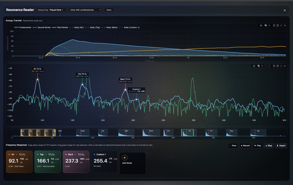 Resonance Reader showing a live local state with note playback, measured resonances, and mode targets.